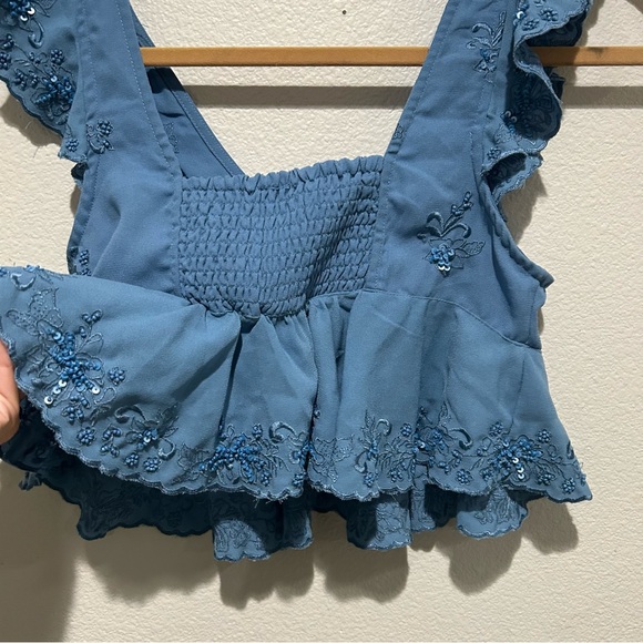 Free People Hard To Handle Top small blue beaded flutter sleeve - Picture 10 of 10